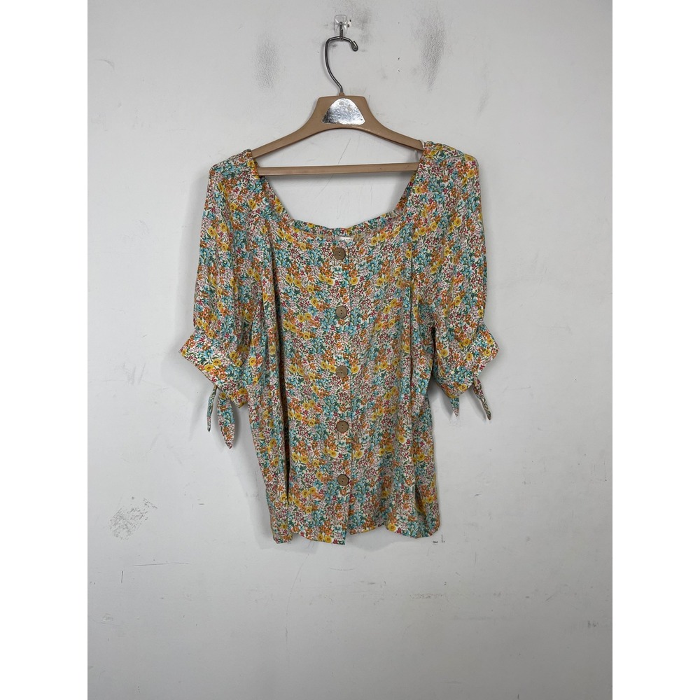 LC Lauren Conrad Floral Button Front Square Neck Blouse Tie Sleeve Large